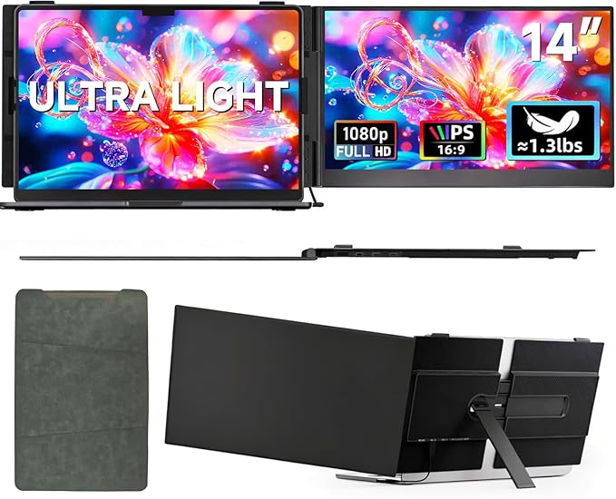 14" Laptop Screen Extender, 0.19" Ultra-Thin Laptop Monitor, Stable Damping Stand with 90° Rotation, 180° Rotation Dual Screen, Extra Compatible with Windows/Mac/Android/Switch/PS Fits 13"-17" Laptops
