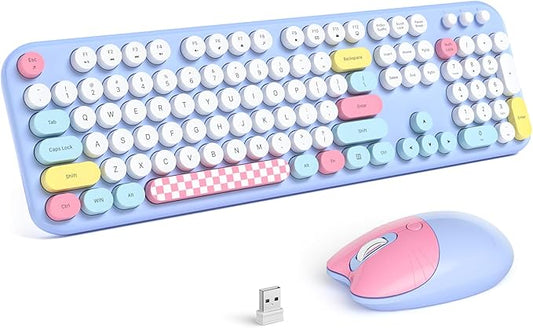 MOFII Wireless Keyboard and Mouse Combo - 2.4GHz Full-Size Retro Typewriter Keyboard with Round Keys, 3 Level Adjustable Optical Mouse, Plug & Play - Compatible with PC/Laptop/Desktop - Light Blue Mix