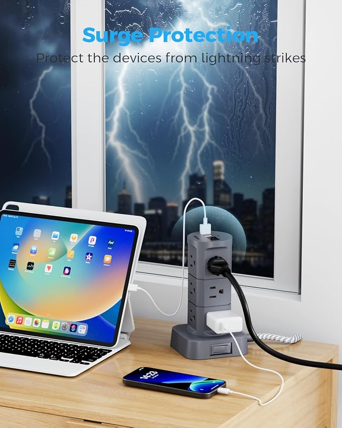 Charging Station Tower, Power Strips with Surge Protection, Flat Plug, 12 Outlets 4 USB Ports, 1875W/15A 1080J 6Ft Extension Cord with Multiple Outlets, Office Desk Supplies, Dorm Essentials, Gray