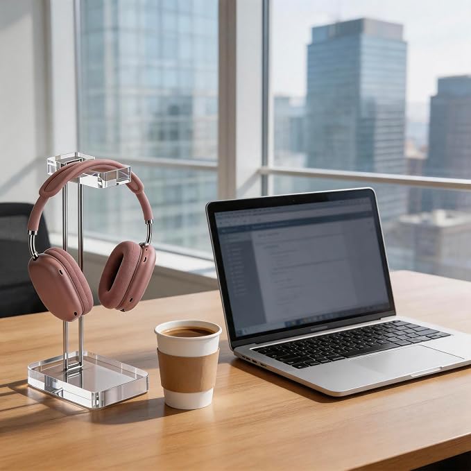 Acrylic Headphone Stand for Desk, Crystal Clear Headset Holder with Silver Metal Accent, Stable Non-Slip Base, Universal Gaming Headphone Hanger for PC Setup, Office & Home Desk Accessories