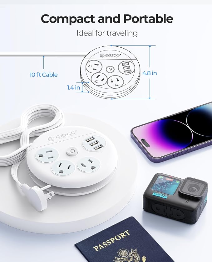 Flat Extension Cord 10 ft, ORICO Round Power Strip with 3 USB Ports and 3 Outlets, Long Extension Cord Flat Plug Outlet Extender, Cruise Power Strip Cruise Approved Travel Essential - White