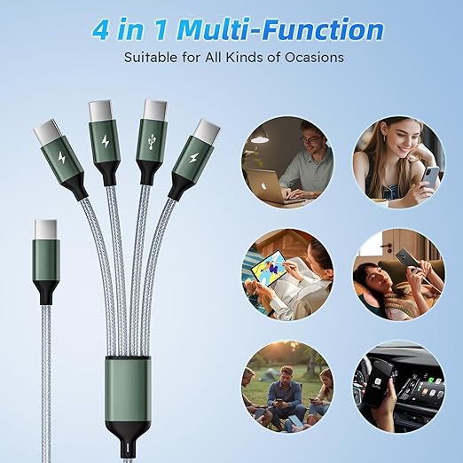 USB C to USB C Cable, Multi Charging Cable with 4 Type-C Connectors, 4 in 1 Charger Cord Type C, Multiple Charger Cord for iPhone 17/16/15, iPad,Galaxy S24/23, Switch, Power Bank, Tablets [5FT]
