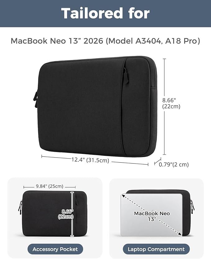 ProCase Laptop Sleeve for MacBook Neo 13 inch 2026 (Model A3404, A18 Pro), Protective Case with Soft Lining, Slim Travel Sleeve with Pocket for Accessories, Tailored for MacBook Neo 13” -Black