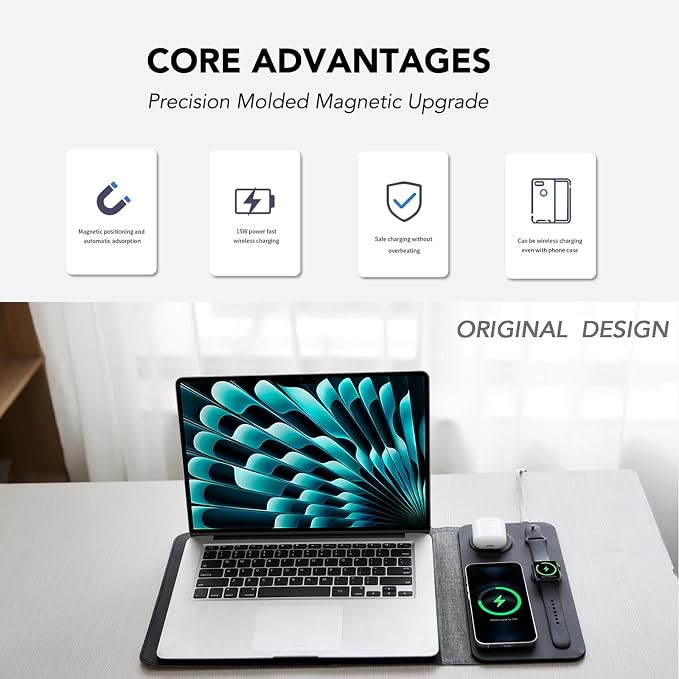 5-in-1 Laptop Sleeve with Wireless Charging for iPad MacBook Pro 12" 13" 14", Charge Mat for Phone Earbuds iWatch, Executive Office Organizer with Pocket, Waterproof Vegan Leather Case (Black)