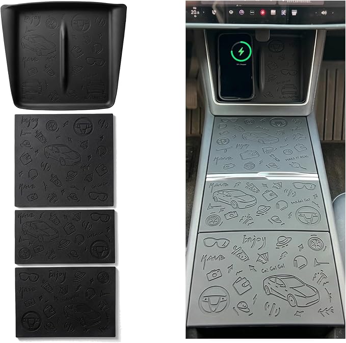 4 Pcs Black Center Center Wireless Charger Pad Ultra-Thin [Unobstructed Charging] Accessories Designed for Tesla Model Y Juniper （2025-2026） Mdel 3 Highland (2024-2026) Silicone Cover