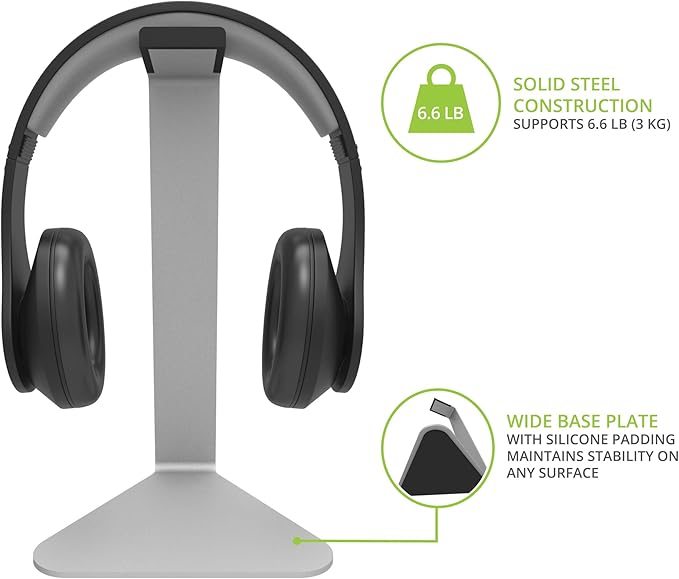 Kanto H1 Universal Headphone Stand with Curved Silicone Padding - Silver