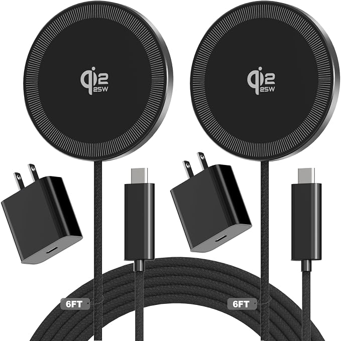 25W Magnetic Wireless Charger, 6FT Fast Charging Pad Qi2.2 Wireless Charge for iPhone 17 16 /AirPods3/2/Pro/for Galaxy S26 Ultra/Pixel 10 Series, Portable Charger for Desk& Travel(2Pack,Black)