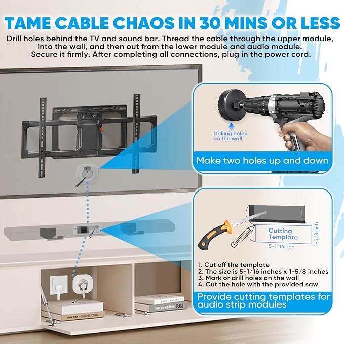 in-Wall Cable Management Kit for TV & Soundbar - Hide Cords Behind Wall Mounted TV with Power Relocation, Includes Drywall Saw & Hole Saw - DIY Home Theater & Gaming Setup