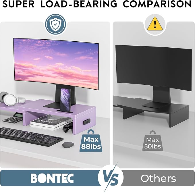 BONTEC Dual Monitor Stand Riser with Smartphone Holder, Adjustable Length & Swivel Angle, Ergonomic Wooden Desktop Organizer for PC Monitor, Laptop, Printer, Large Storage, Purple