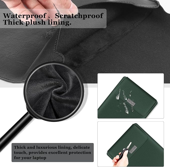 13-14 inch Laptop Sleeve Protective Case for MacBook Air/Pro 13-14" M5/M4/M3/M2/M1 (Pro/Max), [3 in 1] PU Leather Laptop Waterproof Slim Cover with Stand and Mouse for MacBook - Dark green