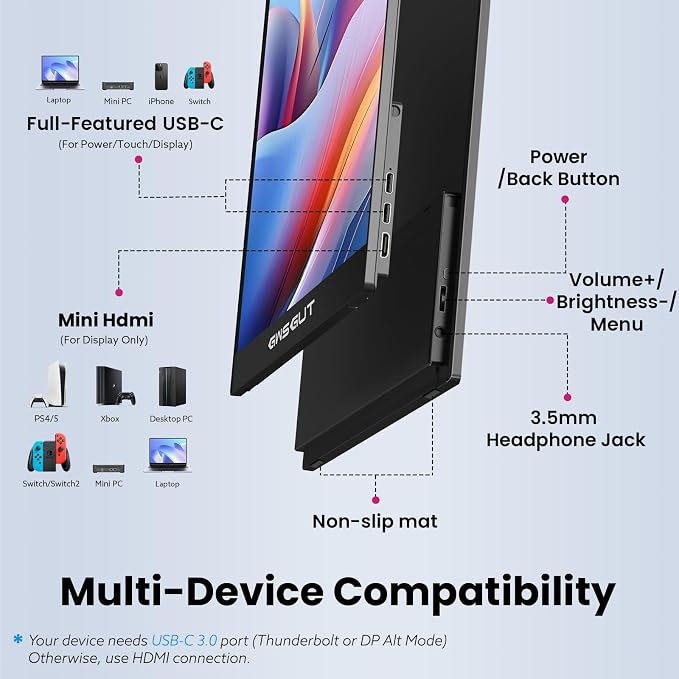 Portable Monitor Touchscreen 15.6'' FHD 1080P USB-C HDMI Ultra-Slim Gaming Display, Built-in Stand Speakers HDR IPS,for Laptop PC Mac Phone PS4/5 Travel Monitors (1080p Touchscreen, 15.6")