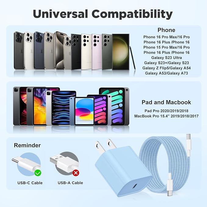 Hzevn 20W USB C Fast Charging for iPhone 17 Air/16/15 Pro Max,3Pack Colorful Mixed Charger Block with Braided Long USB C to C Cables (6/6/10ft) Compatible with iPhone16/15 Pro/15 Plus/iPad Pro