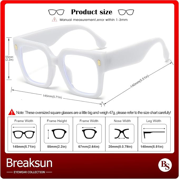 Breaksun Fashion Oversized Blue Light Blocking Glasses for Women Men Trendy Big Square Frame Computer Eyeglasses