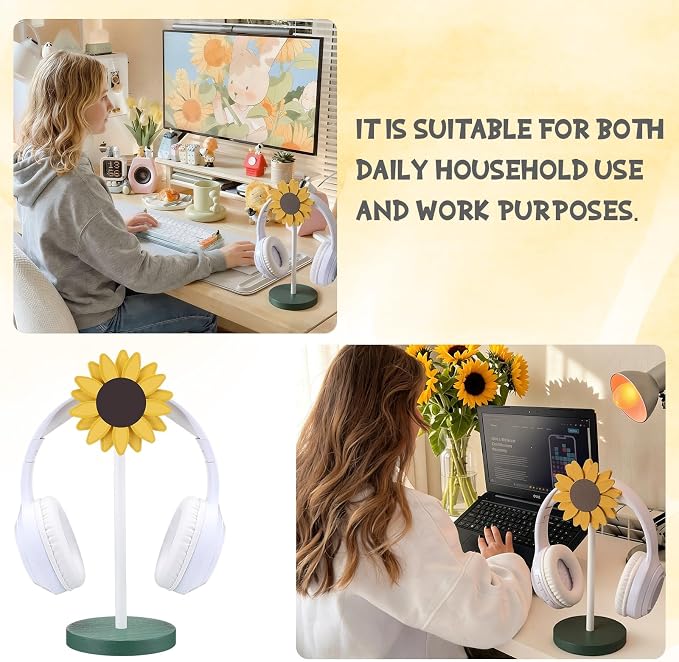 Yookeer Sunflower Headphone Stand Decorative Cute Sunflower Headphone Stand Yellow Wood Desk Decor for Gamer Room Office Desk Christmas Gaming Gifts for Women Office Worker