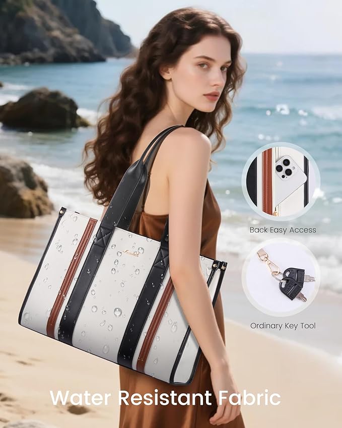 LOVEVOOK laptop bag for women 15.6 inch large canvas work tote bags with Clutch Purse water resistant computer bags for laptops for women Business Office Travel college Casual, Black White Brown