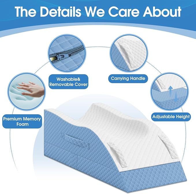 TranquilRelax Elevation Pillows for Leg After Surgery, Memory Foam Adjustable Wedge Pillow for Injury or Rest, Ankle Pillow for Sleeping Blood Circulation Light Blue/Single Leg