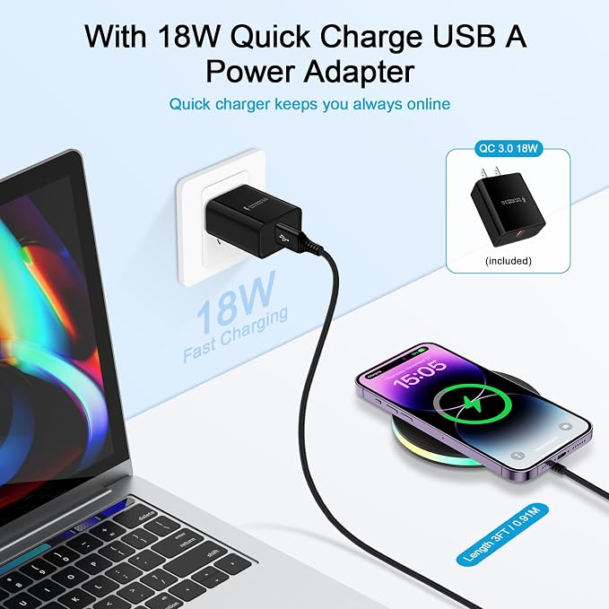 15W Fast Android Phone Wireless Samsung Charging Pad for Samsung Galaxy S25FE/S25 Ultra/S25+/S24 Ultra/S23FE/S22 Plus/S21/S20, Fast Charger Android Charging Pad Charger Station+QC 3.0 Charger Adapter