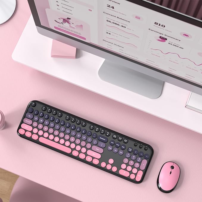 MOFII Wireless Keyboard and Mouse Combo, 2.4GHz Retro Typewriter Keyboard Full Size, Quiet Click Mouse, USB Receiver Plug and Play, for PC, Laptop, Desktop, Windows (Plum Pink Gradient)