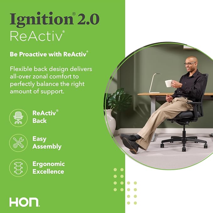 HON Ignition 2.0 ReActiv Ergonomic Office Chair, Mesh Desk Chair with Lumbar Support, Advanced Synchro‑Tilt, Height and Width Adjustable Arms, Swivel Wheels, Black Frame, Blue