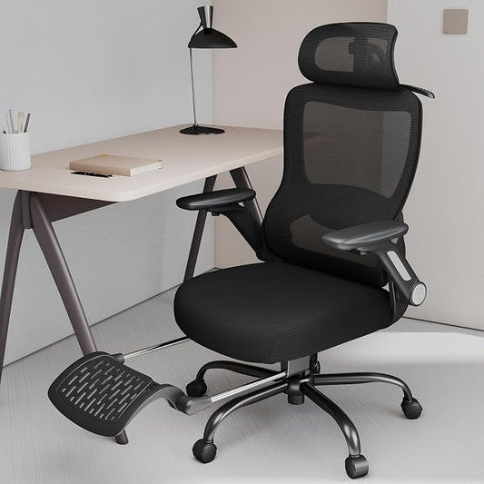 Ergonomic Office Chair with Footrest, High-Back Home Desk Chair with Adjustable Lumbar Support, Headrest, Flip-Up Arms, 90-135° Tilt Lock, and Wide Cushion, Big and Tall Mesh Computer Seating