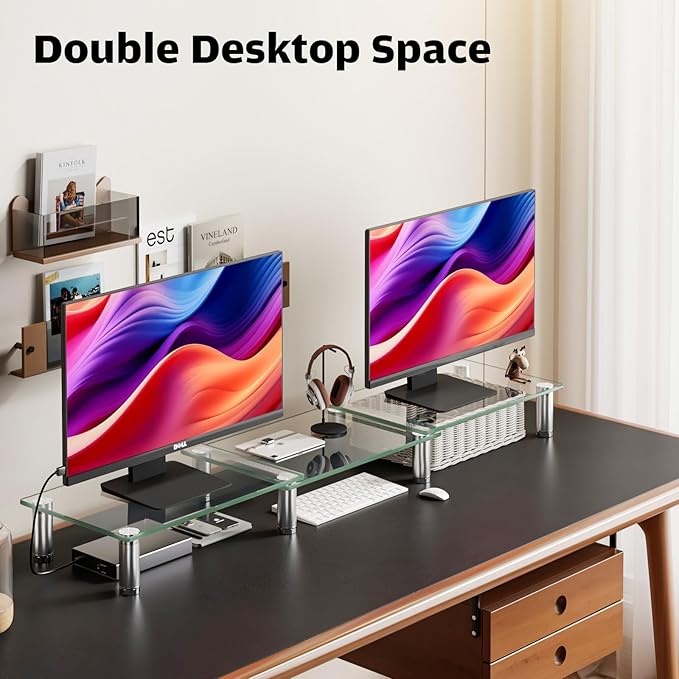 Hemudu Dual Monitor Stand -Adjustable Length and Angle Dual Monitor Riser, Desktop Organizer for PC, Computer, Laptop (Clear)