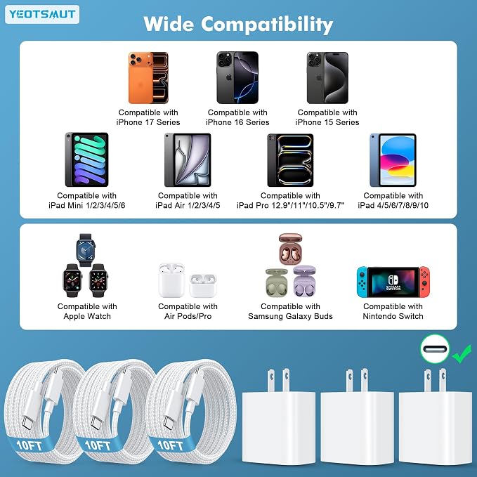 [3 Pack] USB C Charger Block, Fast Charging 20W USB-C Power Adapter Fit for Phone 17/16/15/17 Pro/Pro Max/Plus,i Pad, AirPods，Apple Watch and More，10FT Type C Cords