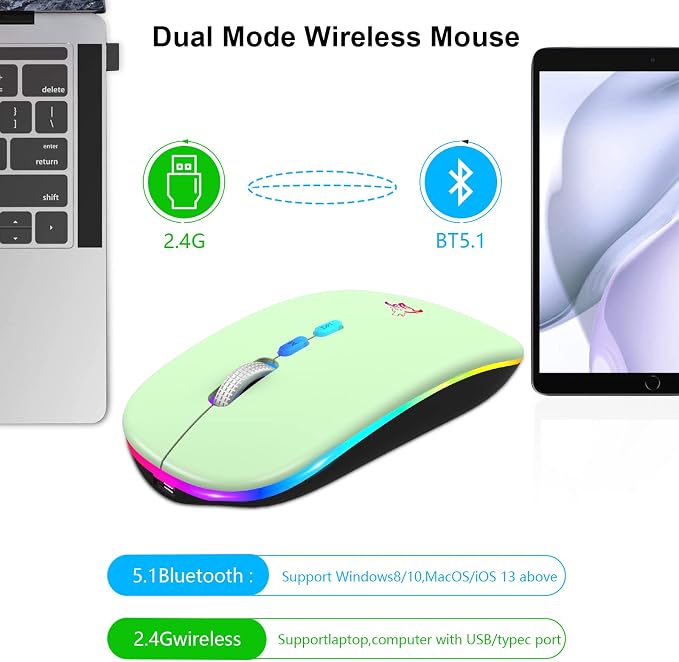 HOTLIFE LED Wireless Mouse, Slim Rechargeable Silent Portable USB Optical 2.4G Wireless Bluetooth Two Mode Computer Mice with USB Receiver and Type C Adapter (Green)