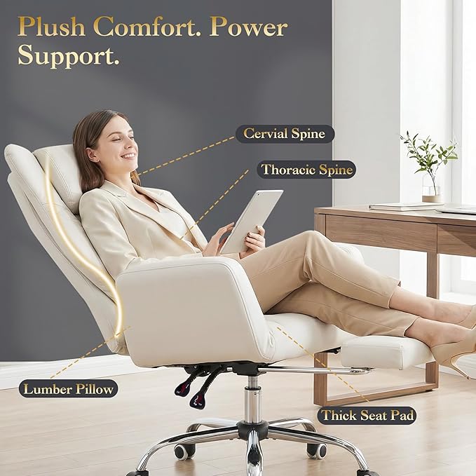 High Back Executive Office Chair with Footrest, Reclining PU Leather, Lumbar Support, Criss Cross Style, 155° Recline (Beige)