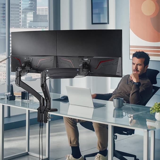 AVLT Dual Monitor Arm Desk Mount for 13"–43" Flat/Curved Screens with USB-A Pass-Through, Full Motion Height Adjustable Swivel Tilt Rotation VESA/C-Clamp/Grommet/Cable Management, Black
