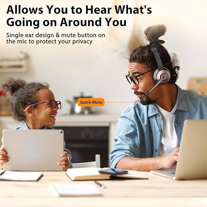 Wireless Headset with Mic for Work, Bluetooth Headset with Noise Cancelling Mic & USB Dongle for Meeting, Single Ear Work Headset with Charging Base & Mute for Teams/Zoom/Home/Office/Computer/Laptop