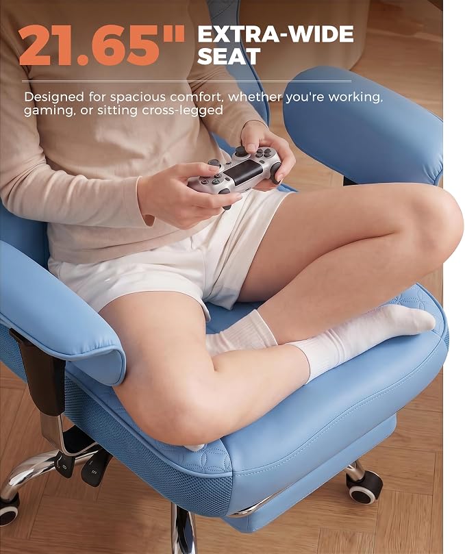 GTPLAYER Big and Tall Office Chair, Wide Ergonomic Gaming Chair with Deluxe Embossing Designed Leather with Foot Rest,150°Reclining Adjustable Soft Armrests Pocket Spring Back Support and Pillow