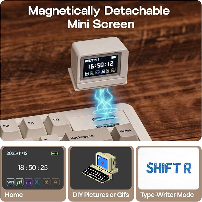 EPOMAKER RT82 Wireless Mechanical Keyboard with Screen, VIA Custom, 2.4GHz/USB-C/BT5.0, RGB Backlit, Gasket, 5-Paddings, PBT Keycaps, Hot-Swap Retro Gaming Keyboard (Sea Salt Silent)