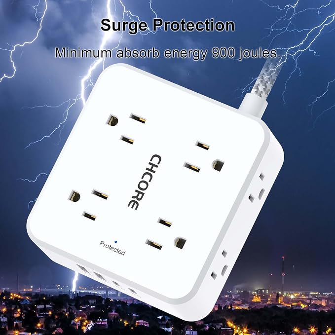5Ft Flat Plug Braided Extension Cord - CHCORE Surge Protector Power Strip with 8 Outlets and 2 USB-C (PD 30W) Fast Charging Ports and 2 USB-A Ports for Home, Office, Dorm Room Essentials, ETL, White