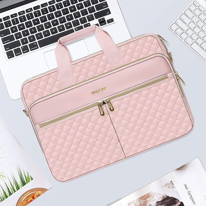 MOSISO 17-17.3 inch Laptop Bag, Laptop Briefcase Messenger Compatible with Dell, HP, Lenovo, Asus, Acer, Alienware, Square Quilted Computer Bag Work Office Business with 3 Pockets&Strap, Pink