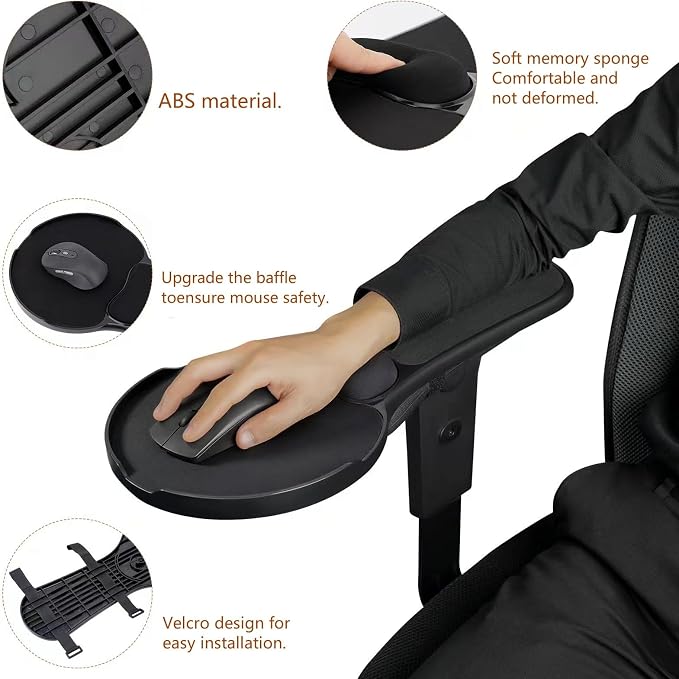 Upgraded Ergonomic Arm Rest Mouse Pad for Chair，Adjustable Mouse Tray with Wrist Cushion, Chair arm Mousepad, Black