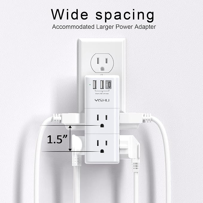 USB Multi Plug Outlet Extender - YISHU Surge Protector with Rotating Plug, 6 AC Plug Extender with 3 USB Ports, 3-Sided Swivel Power Strip Best Ideal Stocking Stuffers for Adults