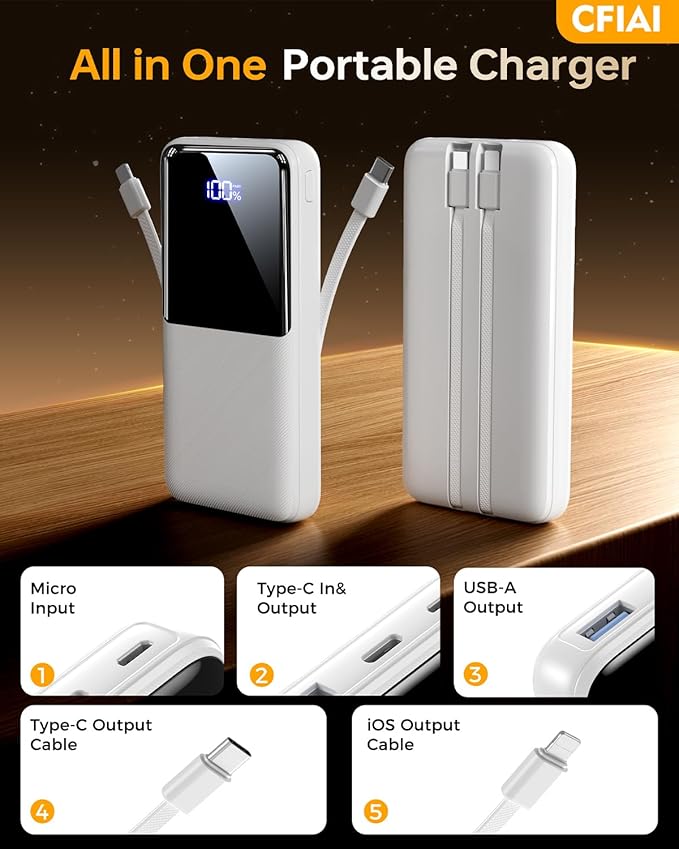 Portable Charger Power Bank - 50% Larger Capacity 15000mAh Battery Pack with Built in Cable, 22.5W Fast Charging Travel Camping Essential Powerbank for iPhone 17 16 Pro iPad Samsung S26 Google etc