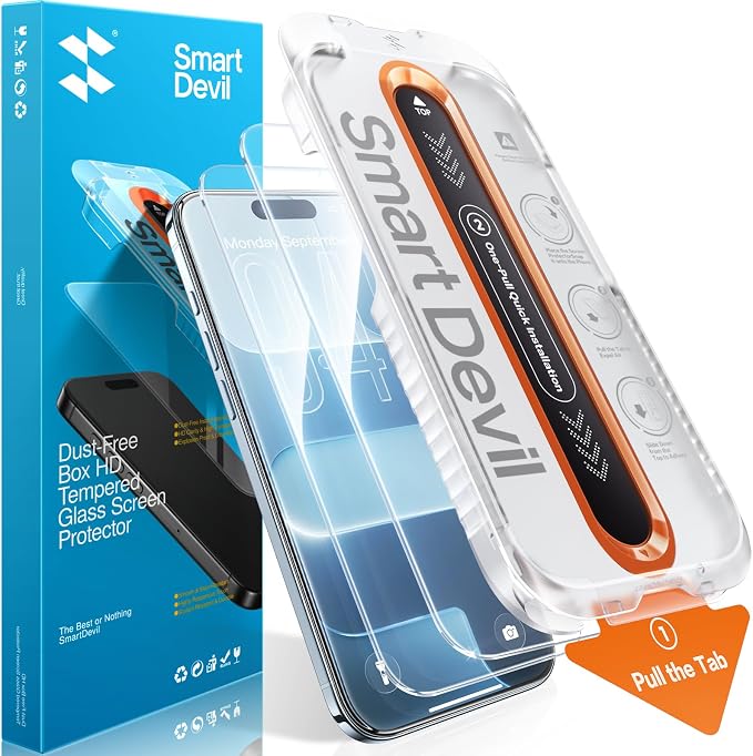 SMARTDEVIL 2 Pack Screen Protector for iPhone Air, 9H Hardness Military Grade Shatterproof HD Clear Tempered Glass for iPhone 17 Air, Easy to Install, Auto Bubble-Free and Dust-Free Box, Case Friendly