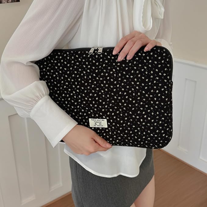 Puffy Laptop Sleeve 13-15.6 Inch Corduroy Quilted Laptop Protective Case Cute Floral Computer Sleeve Protective for MacBook (Black Ditsy Floral, 13-14 Inch)