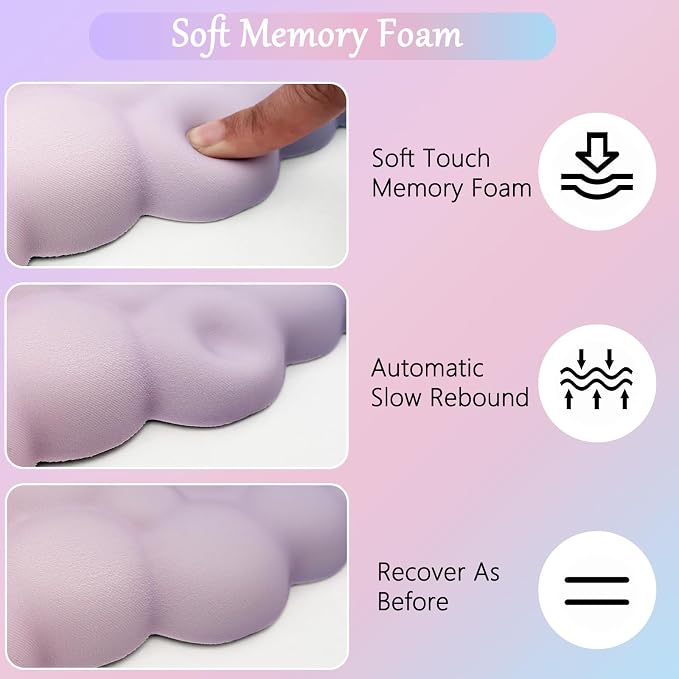 Cloud Mouse Pad Keyboard Wrist Rest 4PCS Extended Large Pink Sky Desk Mat Pad Set Memory Foam Non-Slip Cute Ergonomic Gaming Mouse Pad Wrist Support for Computer Laptop Home Office Pink Purple