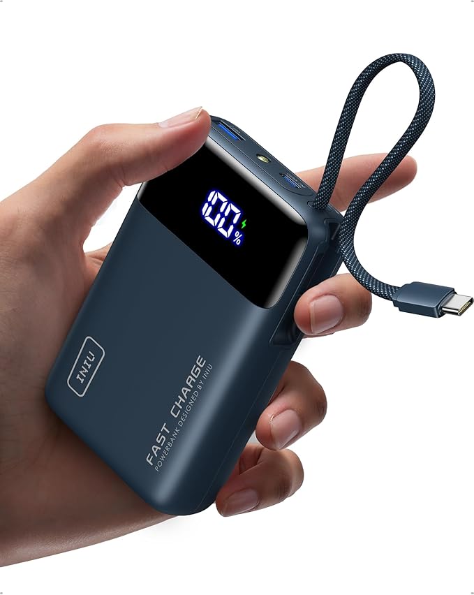 INIU 20000mAh Power Bank, Small 45W PD Fast Charging Portable Charger with Built-in USB C Cable, Flight-Safe Travel External Phone Battery Pack for iPhone 17 Pro Max Samsung S26 iPad etc, Blue