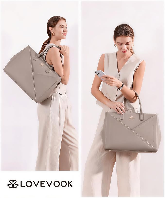 LOVEVOOK Laptop Tote Bag for Women with Large Cup Holder, 16 Inch PU Leather Work Bag Teacher Tote Bag, Waterproof Computer Bags Business Office Briefcase Handbag