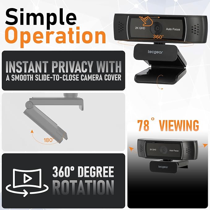 Sentinel 2K Webcam for PC with Microphone, Touch Control, Autofocus, Privacy Shutter & 360° Adjustable | Camera for Computer, Laptop & Mac | USB Video Streaming for Zoom/Skype/Google Meet/Team