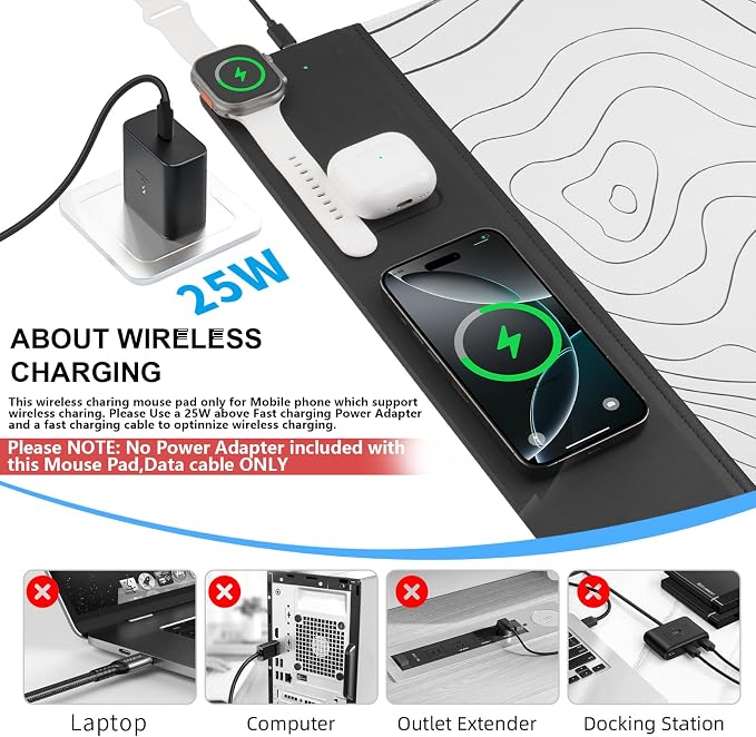 VOVIPO 3 in 1 Wireless Charging Mouse Pad, Desk Mat with Wireless Charger Multiple Devices Compitable with Watch/iPhone, White Topographic Large Desk Mat(90 x 40cm) for MacBook, PC, Laptop