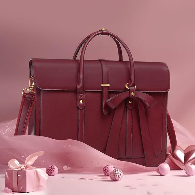 MOSISO Laptop Bag for Women, 15-15.6 inch PU Leather Laptop Shoulder Bags Convertible Backpack, 16 inch Messenger Bags Casual Handbag Work Briefcase Travel Computer Bag with Bowknot, Wine Red