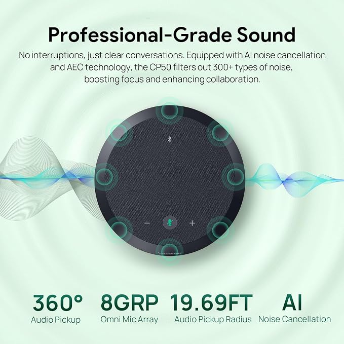 Yealink CP50 Conference Call Speaker and Microphone with AI Noise Cancellation, Speakerphone for Teams Room, 8 360 Omnidirectional Mics, Bluetooth, USB-C, Daisy Chain, 19.69ft Pickup