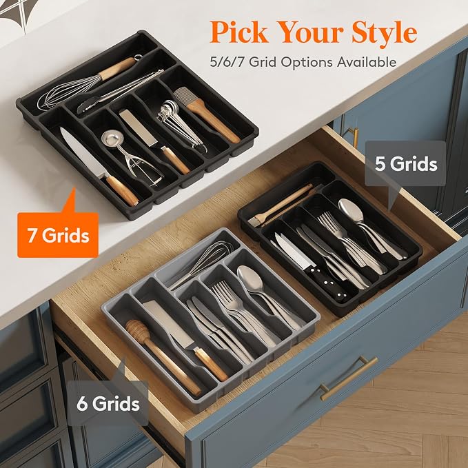 Lifewit Silverware Drawer Organizer Tray, Plastic Cutlery Storage for Kitchen, Flatware and Utensil Holder Divider for Spoons Forks Knives Tableware, 12.3 x 14.2", 7 Slots, Black