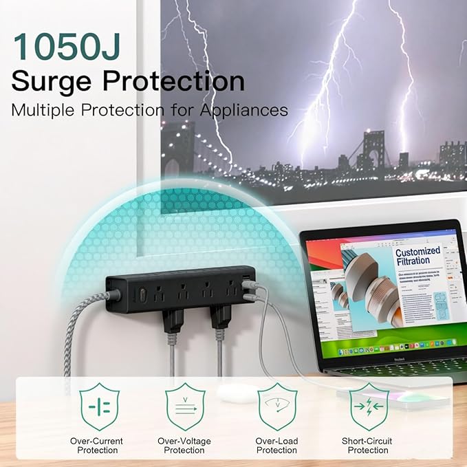 Addtam Black Power Strip Surge Protector with 12 AC Outlets & 4 USB Ports, 25FT Extra Long Extension Cord, Flat Plug, 1050J, Wall Outlet Extender for Garage Workshop Basement Warehouse, ETL Listed