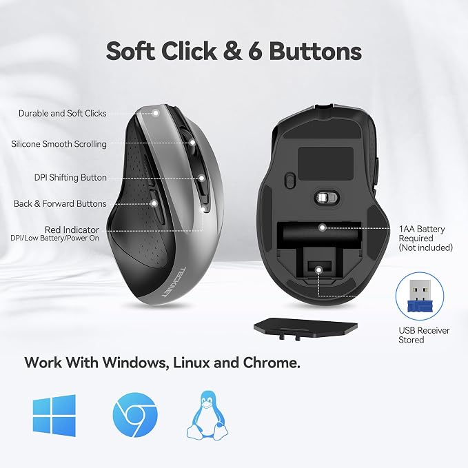 TECKNET Wireless Mouse, 2.4G Ergonomic Optical Mouse, Computer Mouse for Laptop, PC, Computer, Chromebook, Notebook, 6 Buttons, 24 Months Battery Life, 2600 DPI, 5 Adjustment Levels - Silver
