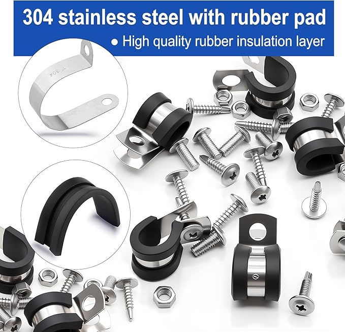 Taiss 270PCS Cable Clamps Assortment Kit,304 Stainless Steel Rubber Cushion Insulated Wire Pipe Clamps,10 Sizes 1/4" 5/16" 3/8" 1/2" 5/8" 3/4" 1" 1-1/4" 1-1/2" 1-3/4" Loop Clamps With screws